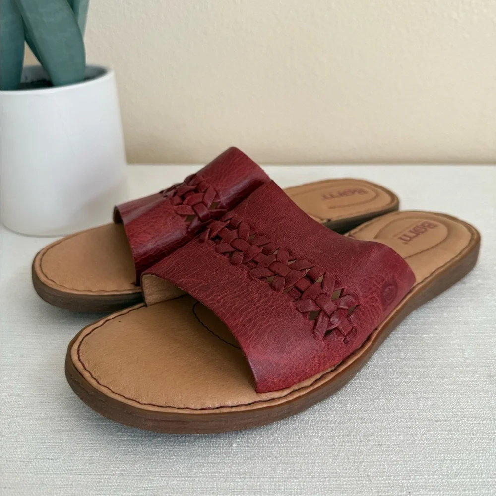 Born Burgundy Leather Woven Slide Sandals - Picture 2 of 13